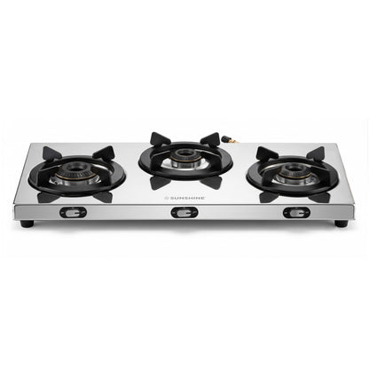 Sunshine Falcon 3 Burner Gas Stove | Slim Stainless Steel Cooktop, ISI Certified Manual Ignition