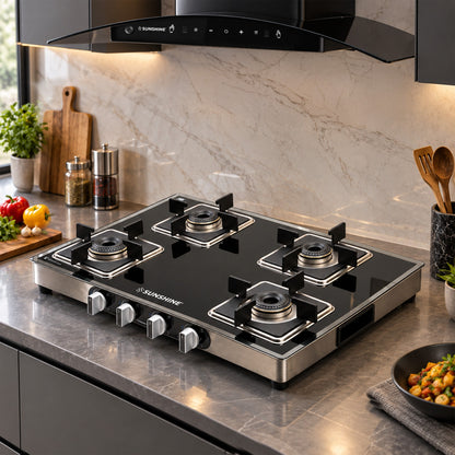 Arrow 4 Burner Gas Stove | Glass Top | 8D Brass Burner