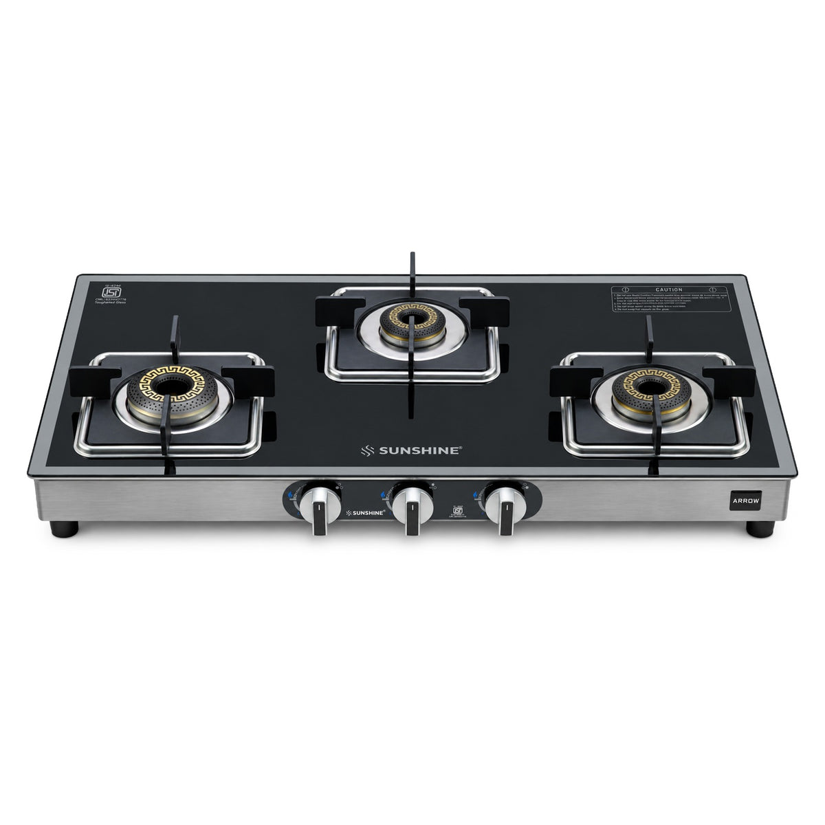 Arrow 3 Burner Gas Stove | Brass Burner | 5-year Warranty - Glass & Burner
