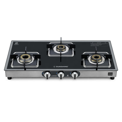 Arrow 3 Burner Gas Stove | Brass Burner | 5-year Warranty - Glass & Burner
