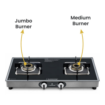 Arrow 2 Burner Gas Stove | Glass Top | 8D Brass Burner | Manual Ignition