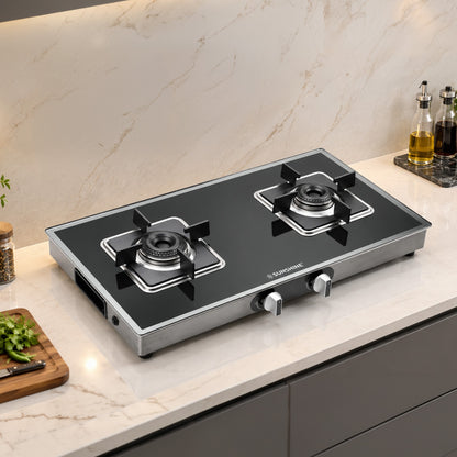 Arrow 2 Burner Gas Stove | Glass Top | 8D Brass Burner | Manual Ignition