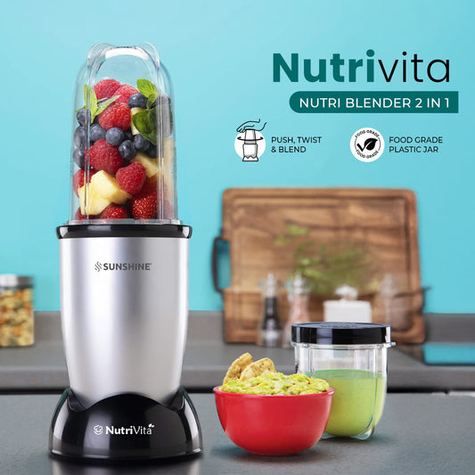 Sunshine Nutri Vita 450 2 In 1 Nutri Blender, Powerful 450 Watts Pure Copper Motor, Shakes and Juices, Stainless Steel Body, 2 Blade Set: Wet & Dry