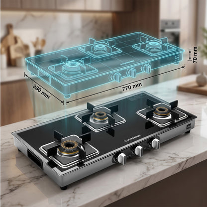 Arrow 3 Burner Gas Stove | Brass Burner | 5-year Warranty - Glass & Burner