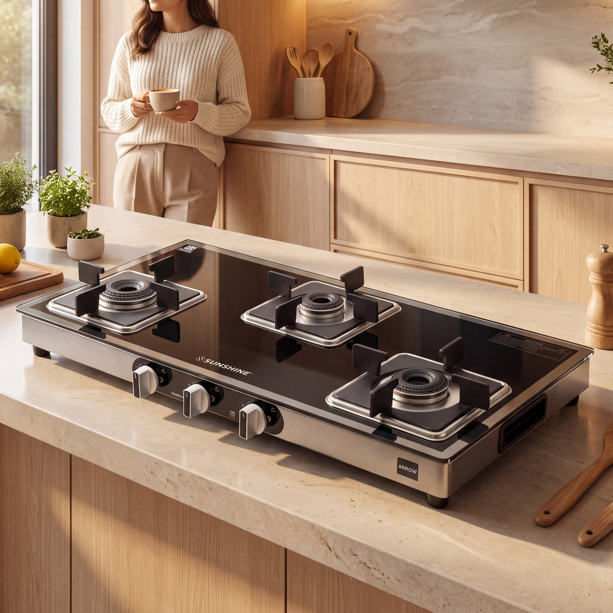 Arrow 3 Burner Gas Stove | Brass Burner | 5-year Warranty - Glass & Burner