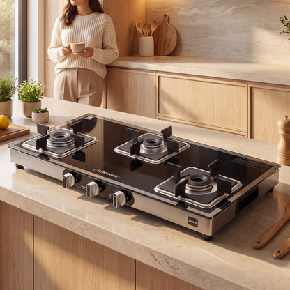 Arrow 3 Burner Gas Stove | Brass Burner | 5-year Warranty - Glass & Burner