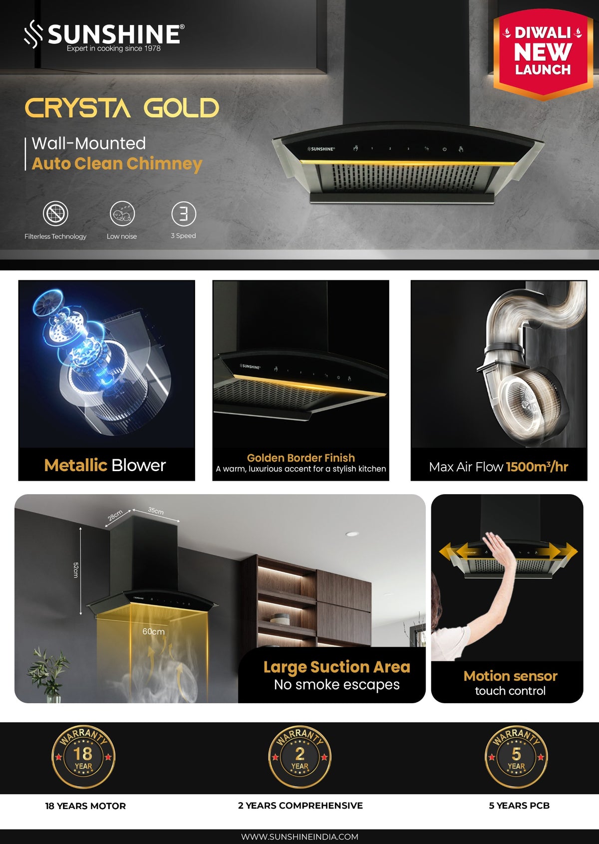 Sunshine Crysta Gold Kitchen Chimney | Auto Clean | 1500 m³/hr | 60CM, 75CM, 90CM