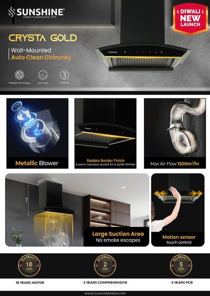 Sunshine Crysta Gold Kitchen Chimney | Auto Clean | 1500 m³/hr | 60CM, 75CM, 90CM