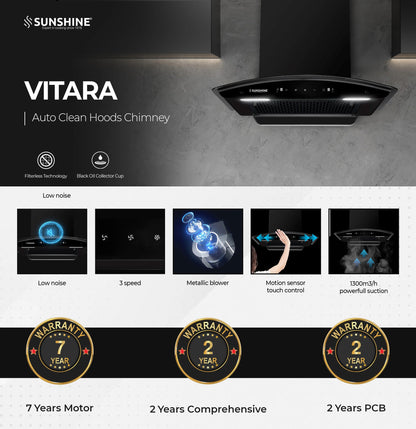 Sunshine Vitara 60CM Chimney - 1300 m3/h | Filterless Auto Clean | Wall Mounted