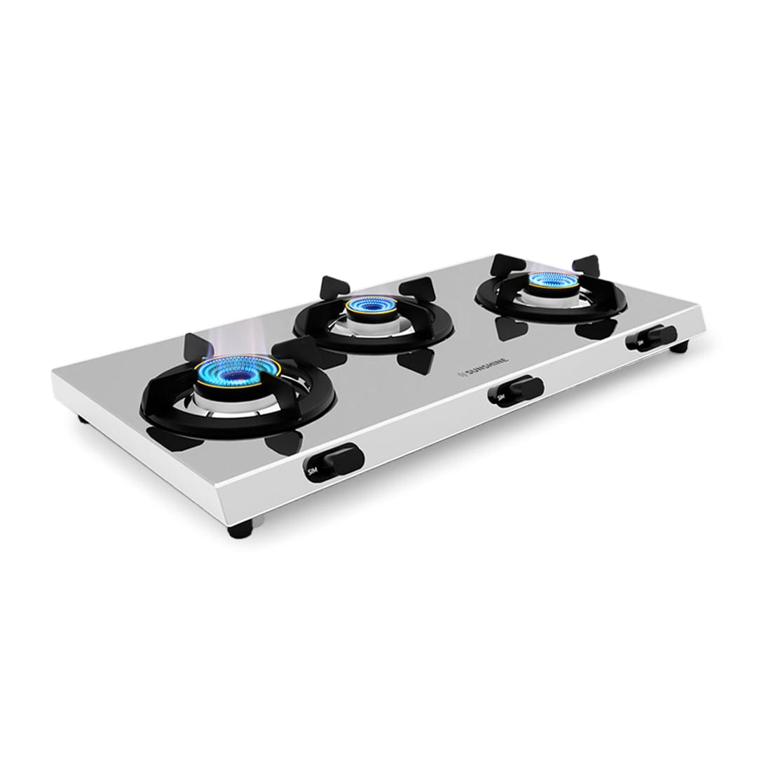 Sunshine Brio Ultra Slim Stainless Steel Cooktop, ISI Certified Manual Ignition 3 Burner Gas Stove