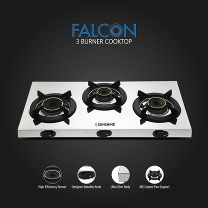 Sunshine Falcon Ultra Slim Stainless Steel Cooktop, ISI Certified Manual Ignition 3 Burner Gas Stove