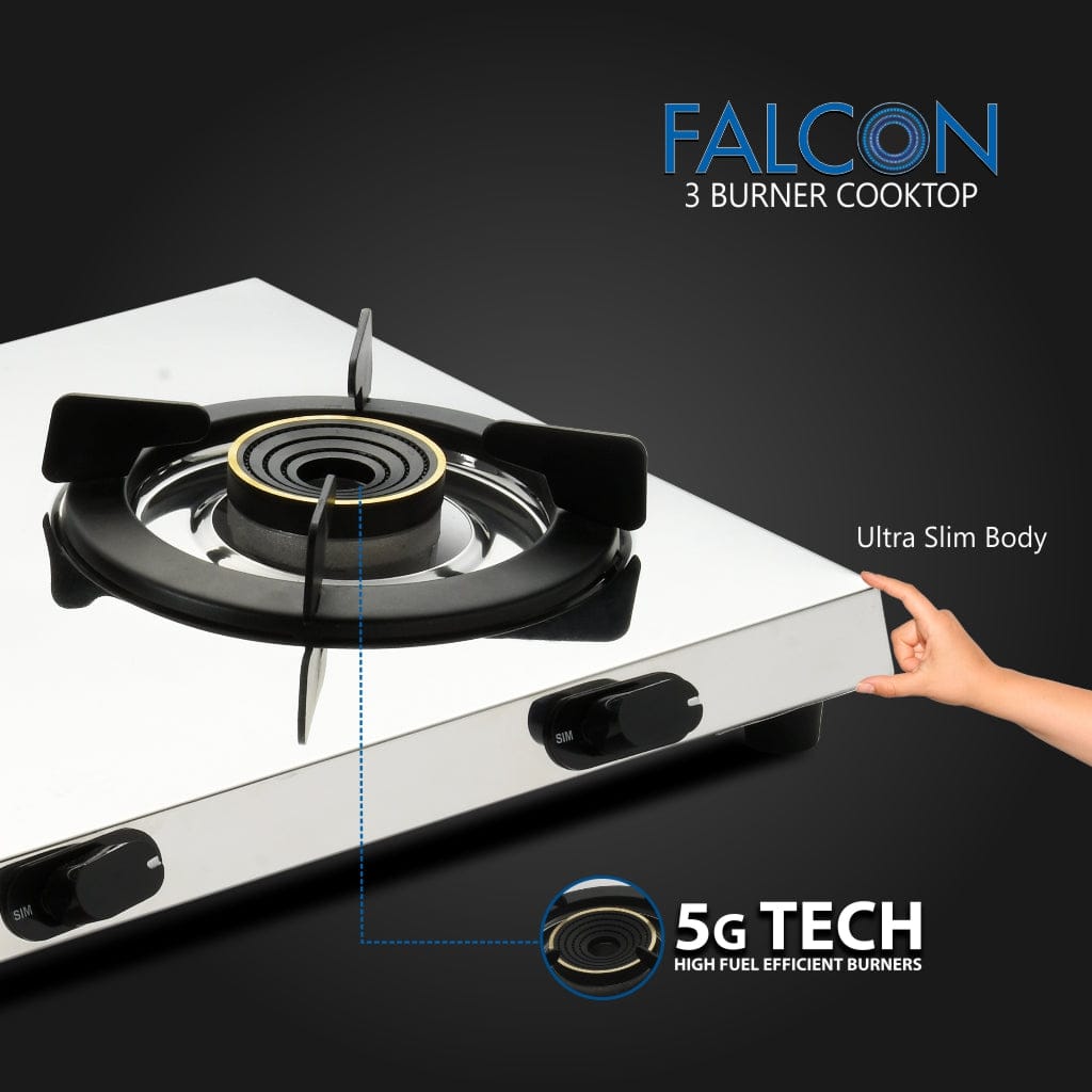 Sunshine Falcon Ultra Slim Stainless Steel Cooktop, ISI Certified Manual Ignition 3 Burner Gas Stove